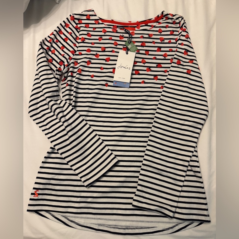 🆕 Joules Navy and White Striped Top with Red Strawberry 3/4 Sleeve Size 2 🆕